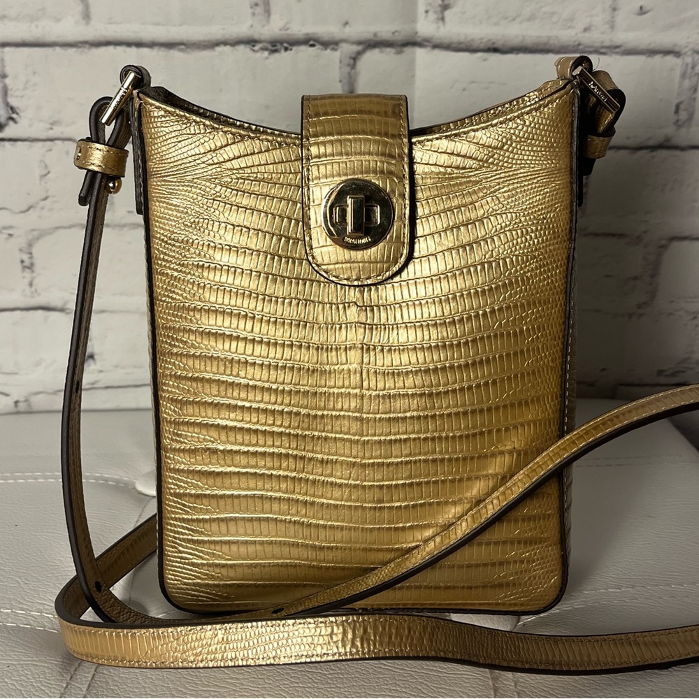 NWT Brahmin “Marley Beige All Over Lizard” Metallic Gold Leather Crossbody Bag